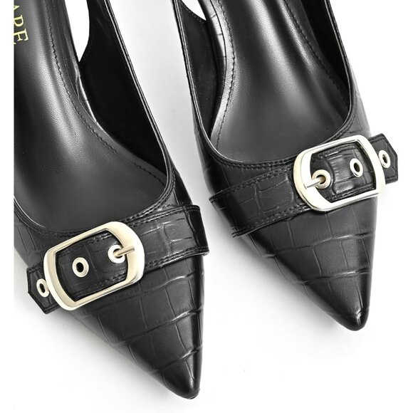 Black Synthetic Women Kitten Heels Pointed Toe Pumps Dress Shoes with Buckle - Picture 3 of 10
